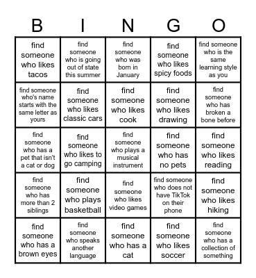 Find someone who....... Bingo Card