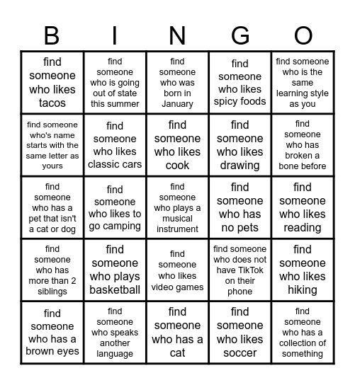 Find someone who....... Bingo Card