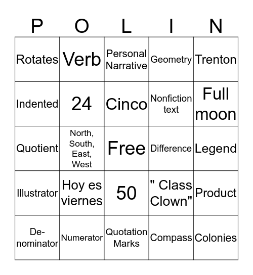 4th Grade BINGO Card