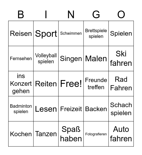 Aktivitäten Bingo Card