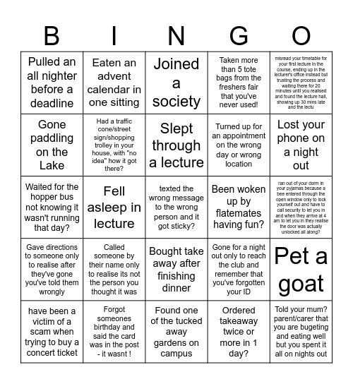 Student Experience Bingo Card