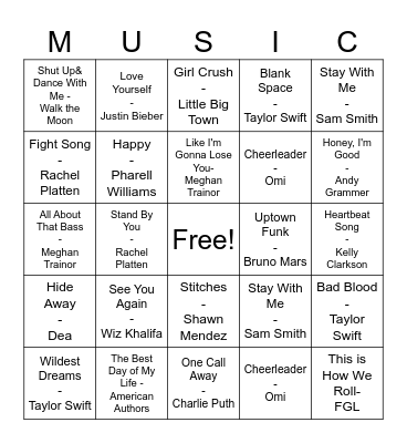 Pop Music Bingo Card