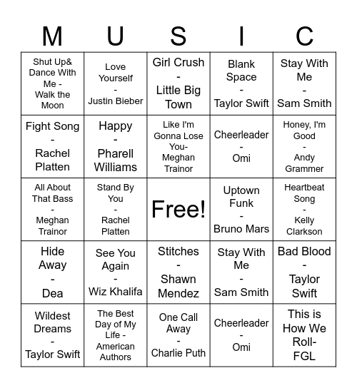 Pop Music Bingo Card
