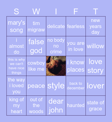 taylor swift songs! Bingo Card