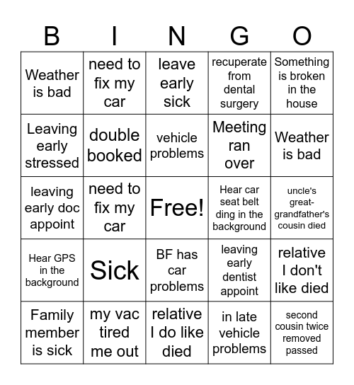 Work Excuses Bingo Card