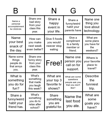 Questions Bingo Card