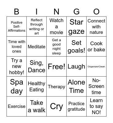 Therapeutic Self-Care Bingo Card