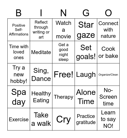 Therapeutic Self-Care Bingo Card