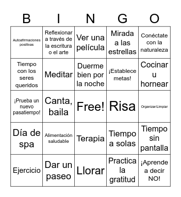 Autocuidado terapéutico Bingo Card