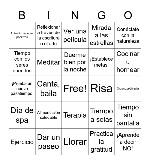 Autocuidado terapéutico Bingo Card