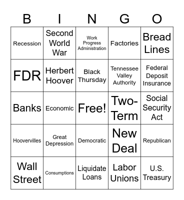 Great Depression Bingo Card