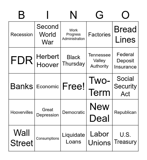 Great Depression Bingo Card