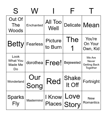 Taylor Swift Bingo Card