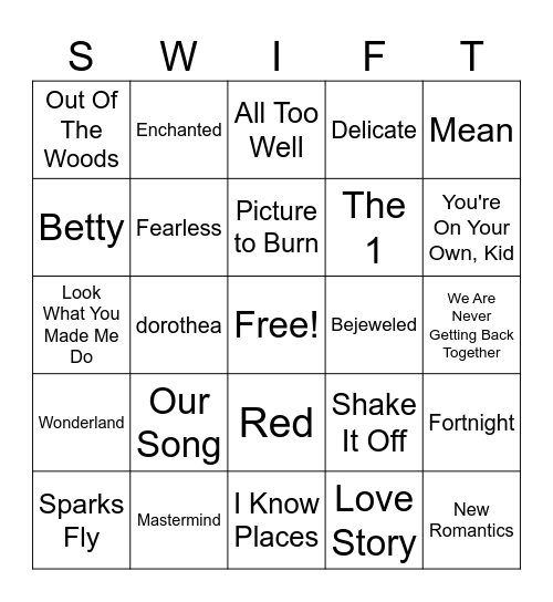 Taylor Swift Bingo Card