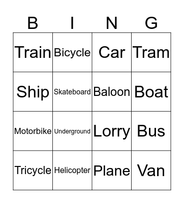 Transportation Bingo Card