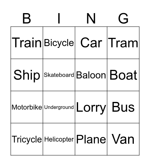 Transportation Bingo Card