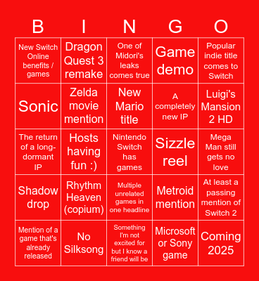 Nintendo Direct Bingo Card