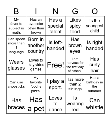 New Student Bingo Card