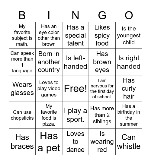 New Student Bingo Card