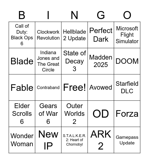 Xbox Showcase 2024 Predictions Bingo Card