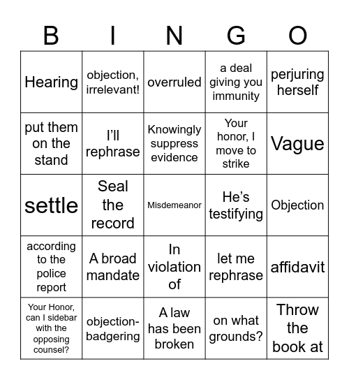 Courtroom phrases Bingo Card