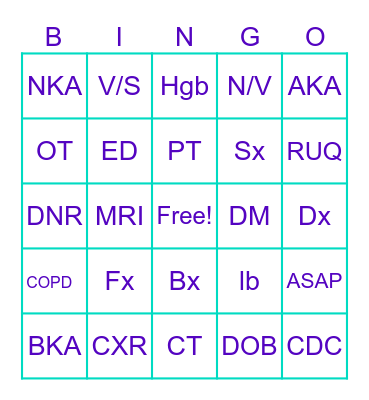 Medical Abbreviations Bingo Card