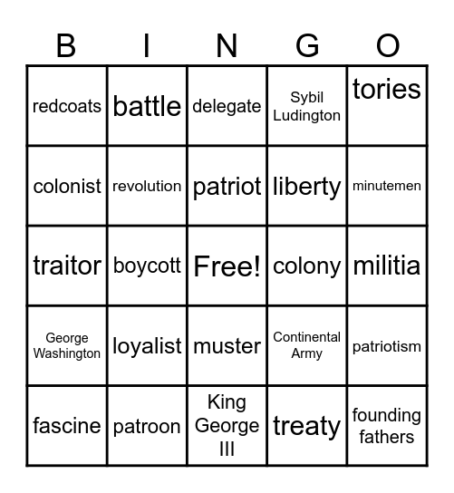 Revolutionary BINGO Card