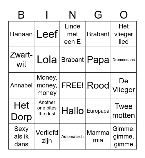 Liedjes Bingo Card