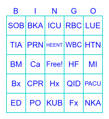 Medical Abbreviations Bingo Card
