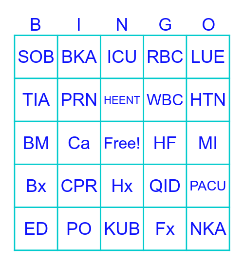 Medical Abbreviations Bingo Card