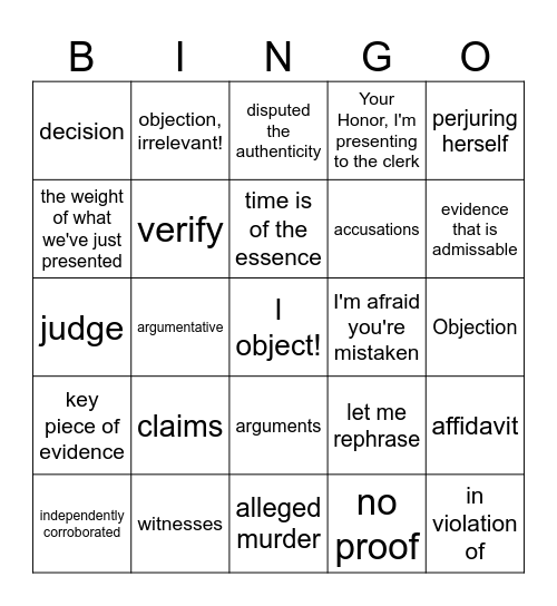 Courtroom phrases Bingo Card