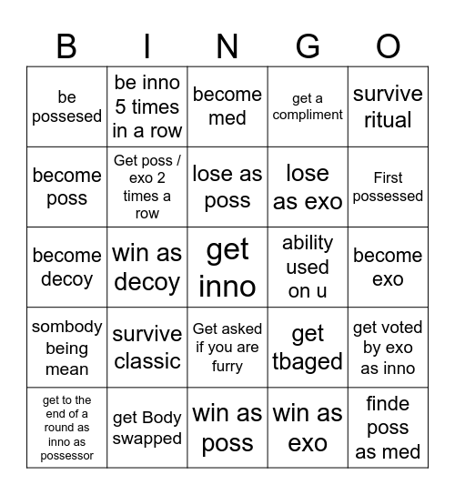Possesser Bingo Card