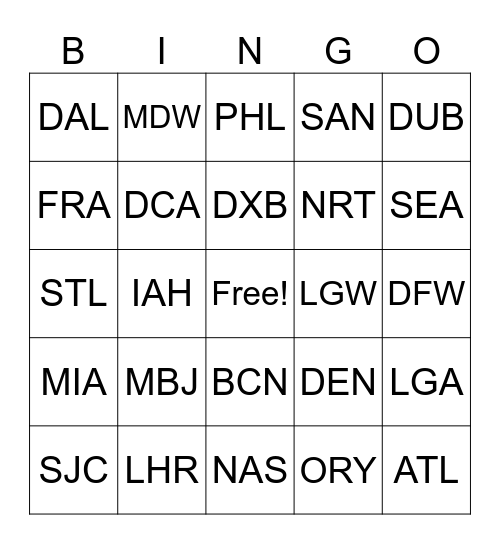 Airport Code Bingo Card