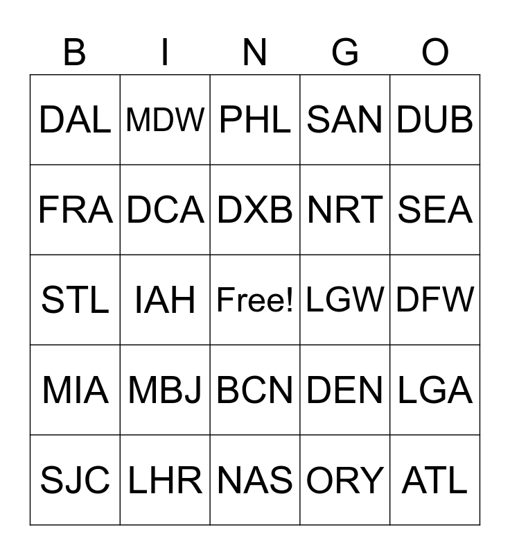 Airport Code Bingo Card