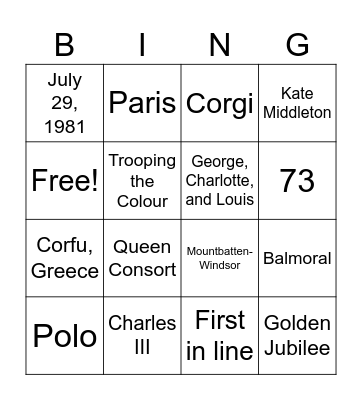 British Royal Family Bingo Card