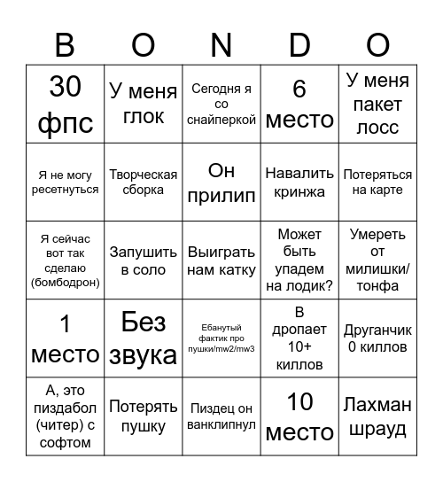 Fortnite 2006 Bingo Card