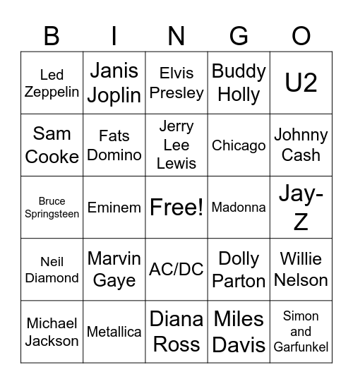 Musical Artists Bingo Card