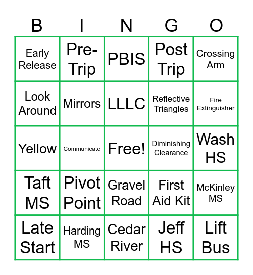 CRCSD TRANSPORTATION BINGO Card