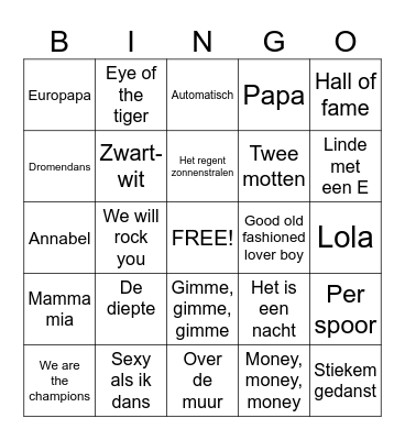 Liedjes Bingo Card