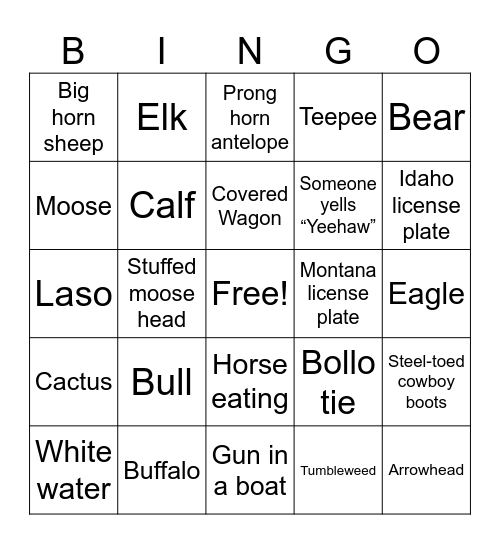 Dude Ranch Bingo Card