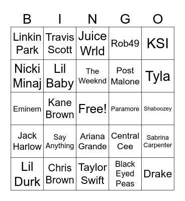 Music Artists Bingo Card