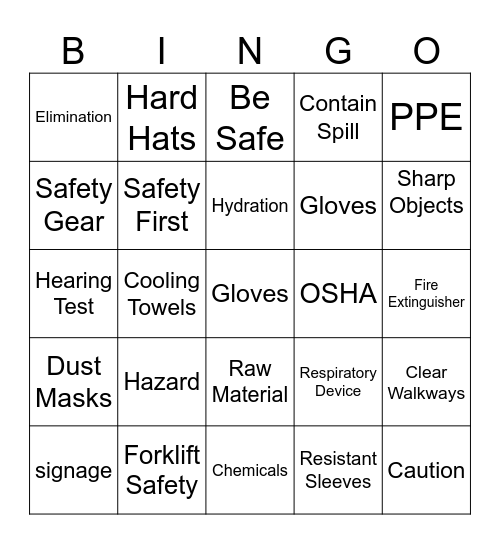 Safety Bingo Card