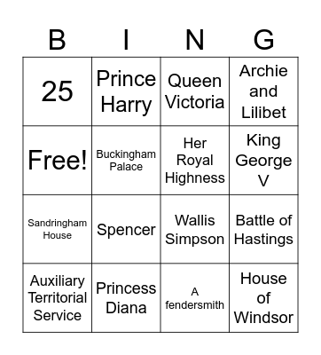 British Royal Family Bingo 2 Bingo Card