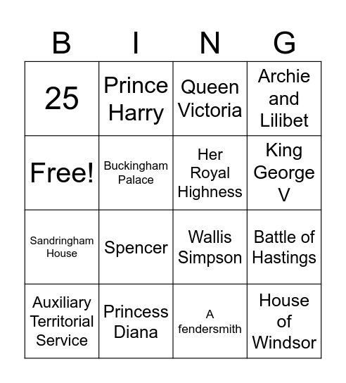 British Royal Family Bingo 2 Bingo Card