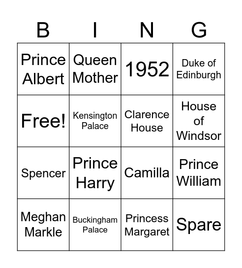 British Royal Family Bingo 3 Bingo Card