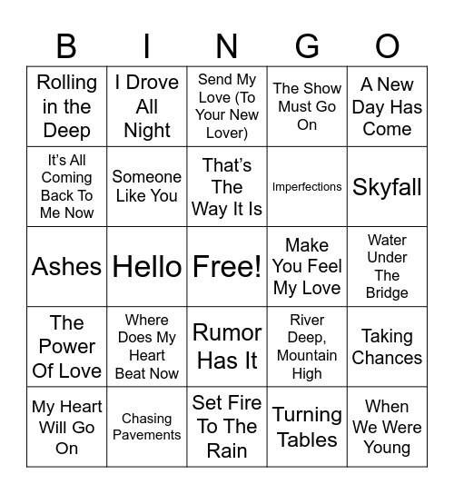 Adele VS Céline Bingo Card