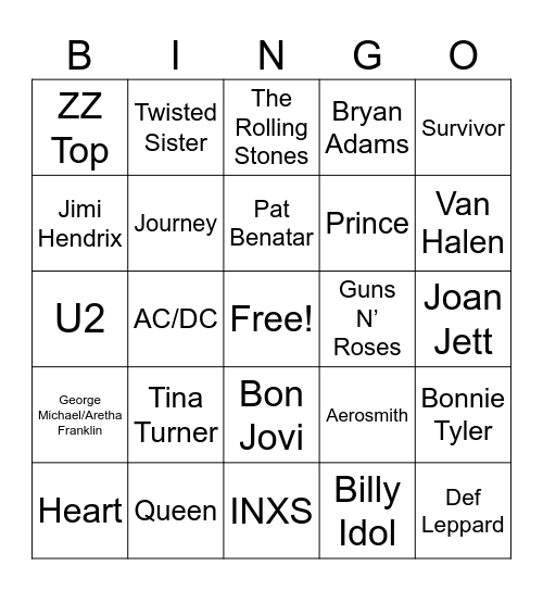 Rock 'n' Roll Bingo Card