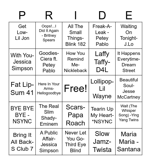 2000s Music Bingo Card