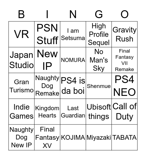 Sony E3 Bingo Card