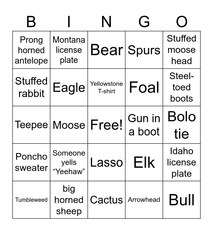 Dude Ranch Bingo Card